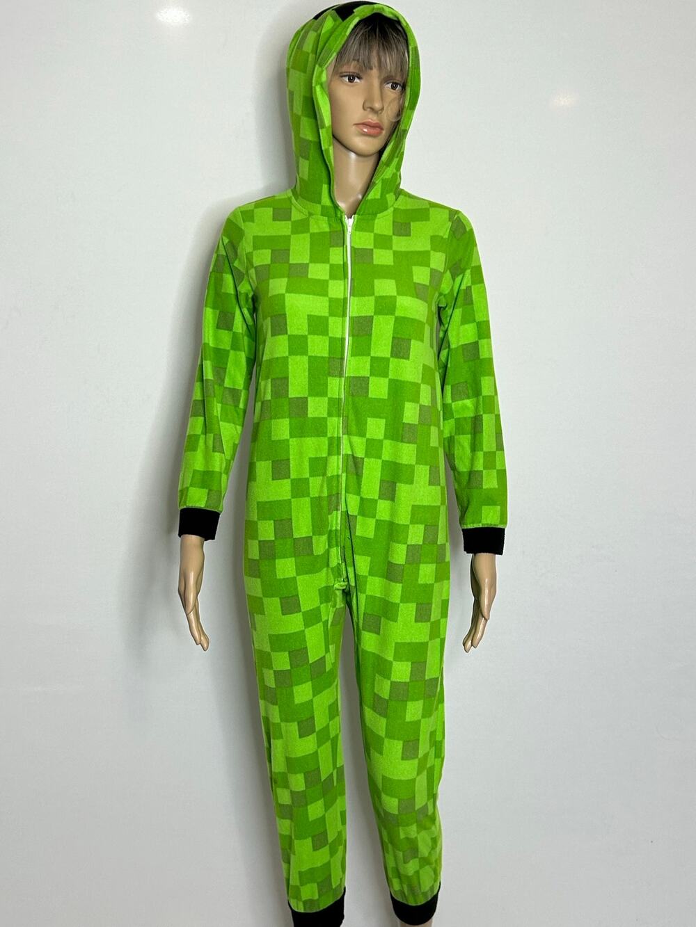 Minecraft Boys 10/12 Green Pixel Fleece Hooded One Piece Pajama Costume